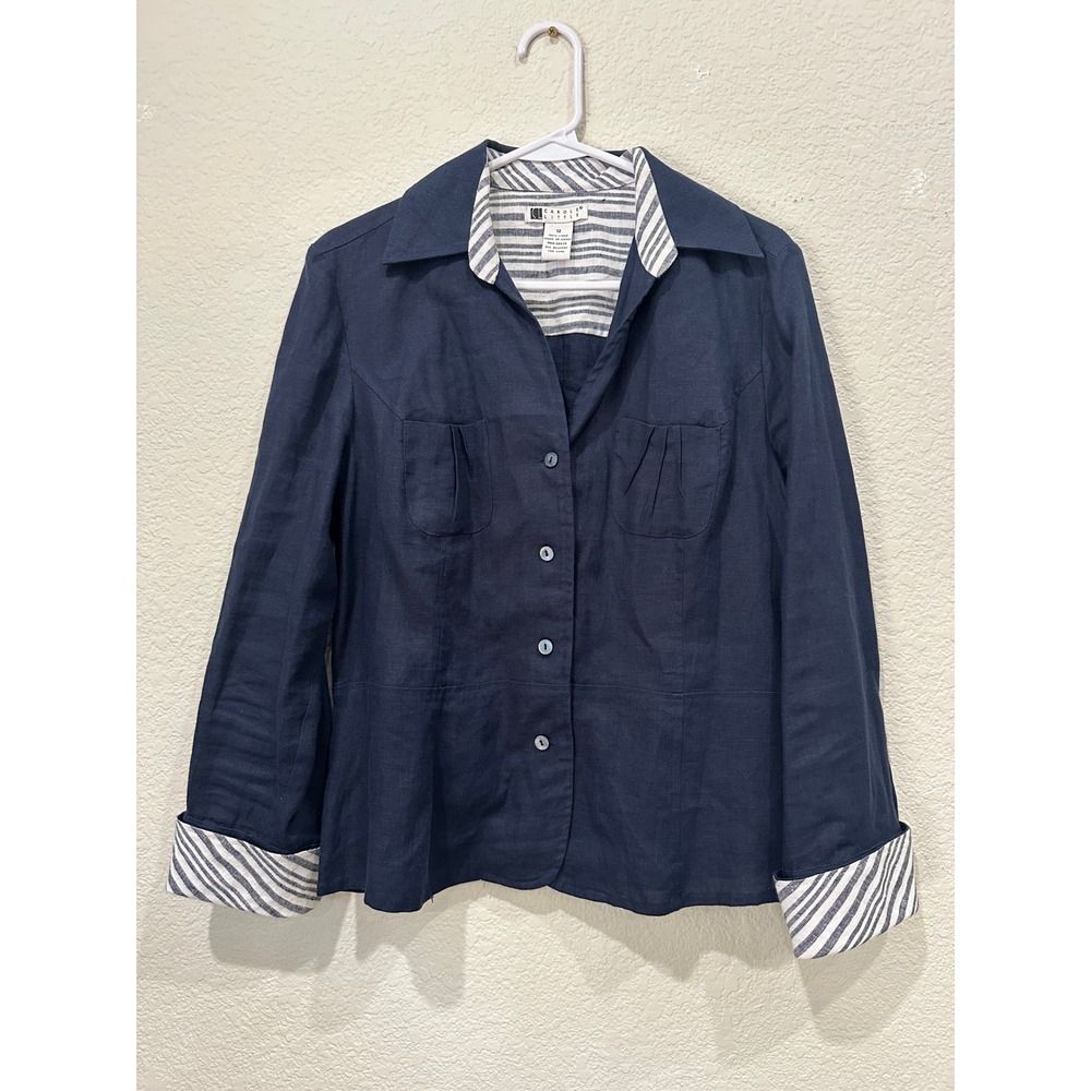 Carole Little Womens Navy Blue 100% Linen Button Front Jacket Striped Trim Sz 12